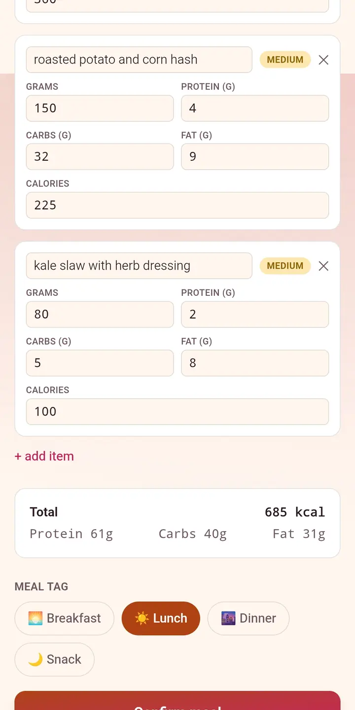 Each food item with editable grams, protein, carbs, fat and calories, a meal total and meal tag picker