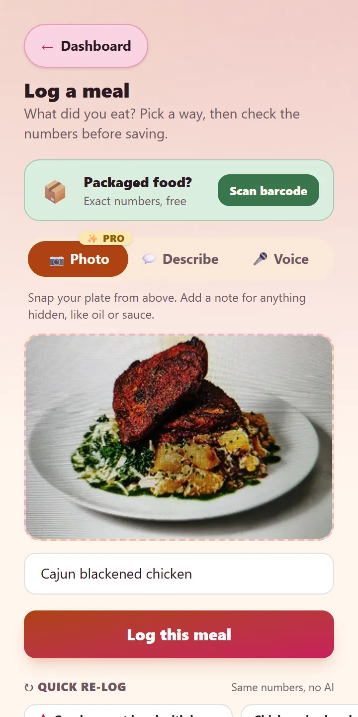 Log a meal screen with a photo of blackened chicken and a note, ready to analyze
