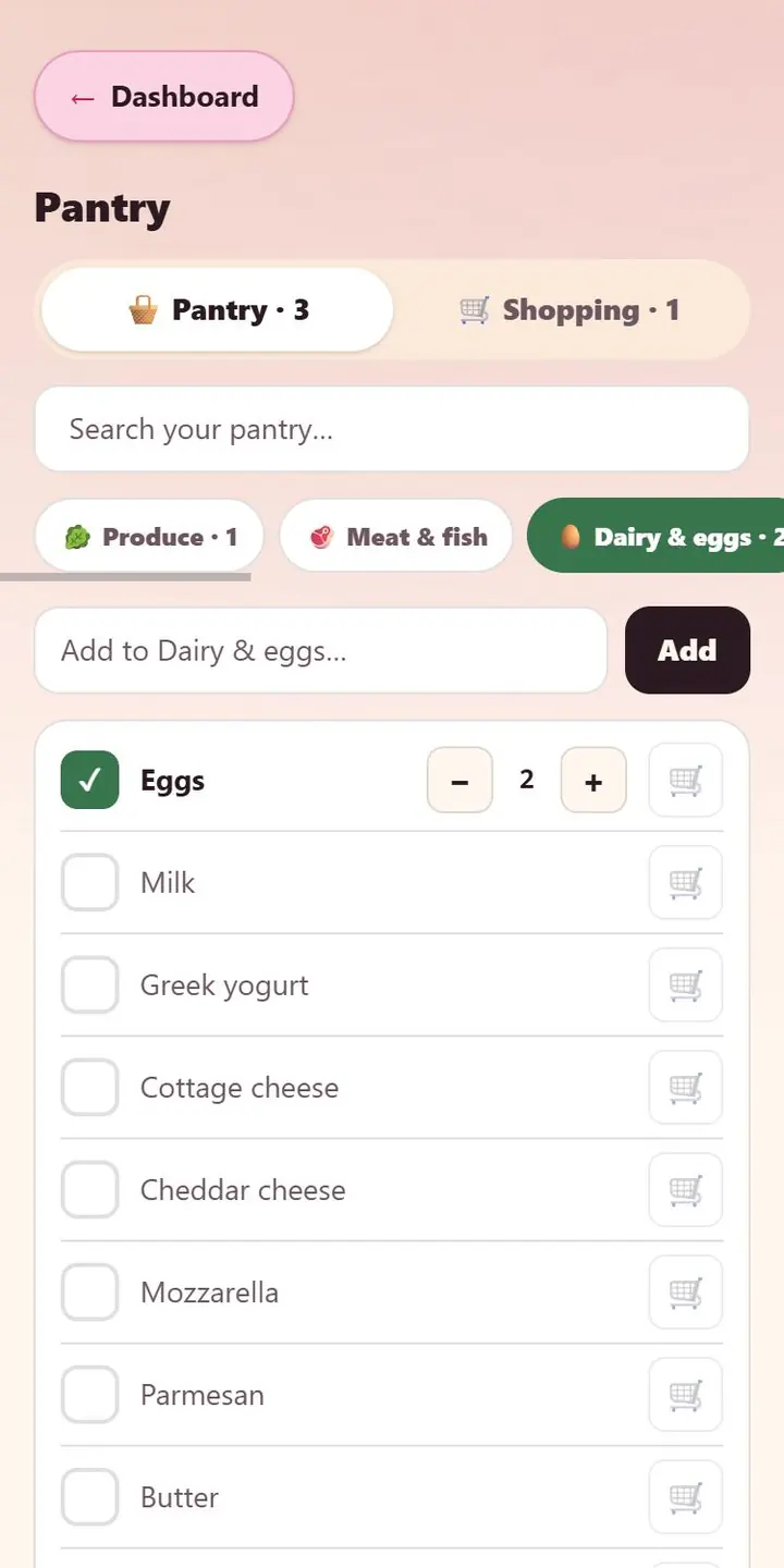 Pantry checklist on the Dairy & eggs page with item counts
